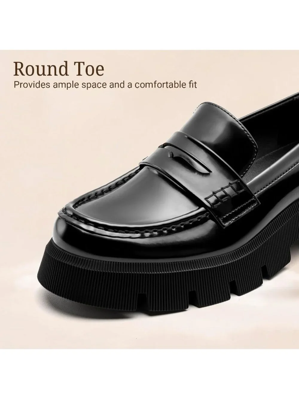 Women's Black Patent Round Toe Heeled Chunky Lug Sole Slip On Penny Loafer Shoes